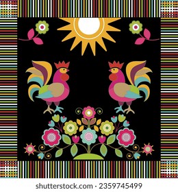 Square design with stylized roosters and flowers. Two roosters sit on flowering branches, symmetrical ornament. Black background, stylized flowers. Vector design for pillow, scarf, print