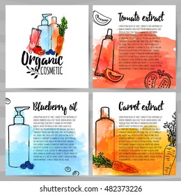Square design template of brochures about organic cosmetic.  Booklet with organic logo. Information about natural ingredients for skin care. Design with watercolor texture, vegetable and berry. Vector