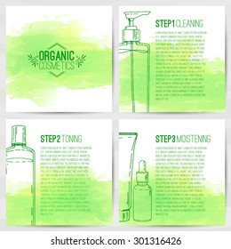 The square design template of brochures, booklets, posters, banners about organic cosmetics. Three-step skin care. Design with bottles of decorative cosmetics. Vector.