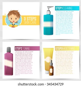 The square design template of brochures, booklets, posters, banners about cosmetics. Three-step skin care. Design with bottles of decorative cosmetics. Vector.
