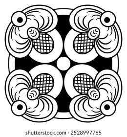 Square design with vintage motives. Decorative element. Folk style. Black and white silhouette.