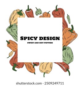 square designer template outer frame with colorful peppers doodle style for menu, invitation, print