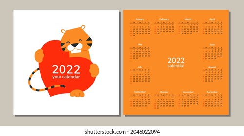 Square desk table wall calendar 2022. Happy New Year. Tiger. Chinese horoscope. Vector isolated cartoon illustration of tiger with red heart. Love and care. Romantic design template. Valentines Day