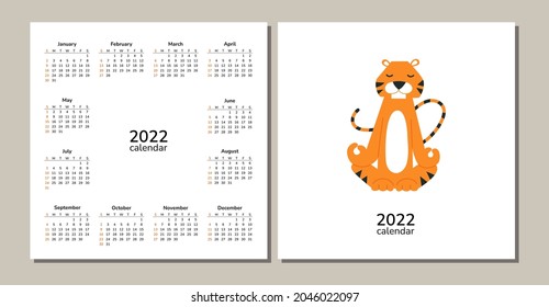 Square desk table wall calendar 2022. Happy New Year. Tigers. Chinese horoscope. Vector isolated cartoon illustration of tiger. Yoga sport meditation relax. Week starts on Sunday