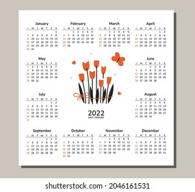 Square desk table wall calendar 2022. New Year of tiger. Chinese horoscope. Vector flat isolated illustration. Bunch of tulip flowers and flying butterfly. Nature spring summer love plants gardening.