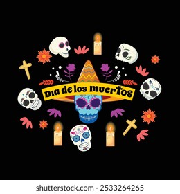 Square Dia de los Muertos banner with a blue painted skull in a sombrero, surrounded by flowers, sculls and candles
