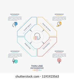"Diagrama cuadrado dividido en 4 partes, símbolos planos y lugar para texto. Concepto de cuatro servicios prestados por la empresa. Plantilla de diseño infográfico creativo. Ilustración vectorial de presentación."