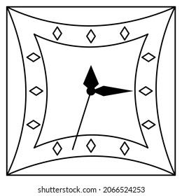 Quadratisches Zifferblatt mit rhombförmigen Schildern und dreieckigen Händen. Vektorsymbol, Umriss, einzeln. Bearbeitbarer Strich.