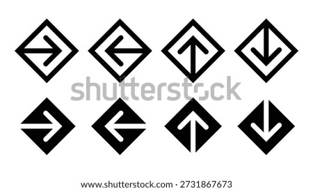 Square Diamond Shape UI UX Arrow Icons Set for Up Down Left Right Navigation Cursor in Black and White