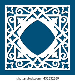 Square die cut card template. Vector ornamental cutout panel for laser cutting. Filigree cutout frame. Wood carving for photo frame. Stencil or kirigami frame. Laser cutting vector design.  