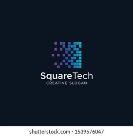 Square Digital Logo Pixel Design Vector Stock. Box cube Tech Logo With dark blue background
