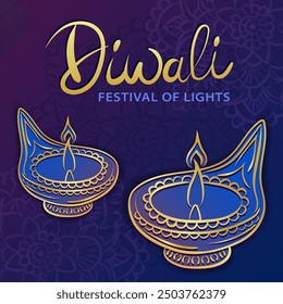 Square Dipavali invitation card with hand drawn golden linear Diya (oil lamps) on a purple gradient background with Mandala Rangoli decoration and lettering - Diwali Festival of Lights 