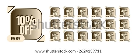 Square discount tag with rounded ends, decorative triangles on two ends, all in shades of brown and beige. 5, 10, 15, 20, 25, 30, 35, 40, 45, 50, 55, 60, 65, 70, 75, 80, 85, 90 percent off.