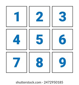 Square divided in 9 parts 3x3 grid black stroke with numeric 1 to 9 illustration.