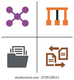 A square divided into four quadrants, each containing a distinct icon: a molecule, a robotic arm, a file folder, and document exchange