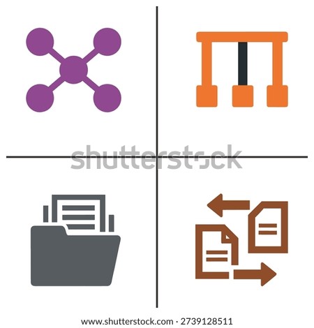 A square divided into four quadrants, each containing a distinct icon: a molecule, a robotic arm, a file folder, and document exchange