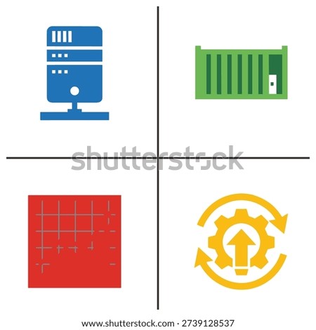 A square divided into four quadrants, each containing a distinct icon: a computer, shipping container, grid, and gear with arrow, symbolizing technology, logistics, data, and process
