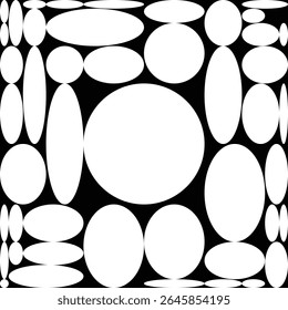 Square divided into an outgoing grid along the golden ratio, with inscribed circles. Op art black and white style. Pattern of diferent round, seamless texture. Cover design. Vector abstract background