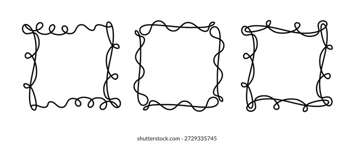 Quadratischer Doodle-Rahmen, handgezeichnete wellenförmige Lockeneingriffsmonogramme. Ränder und Kader einfache skizzenhafte Kritzelwerk wirbeln Design, editierbare einzeilige Dekoration altmodische Grußelemente. Einzeln. Vektorgrafik