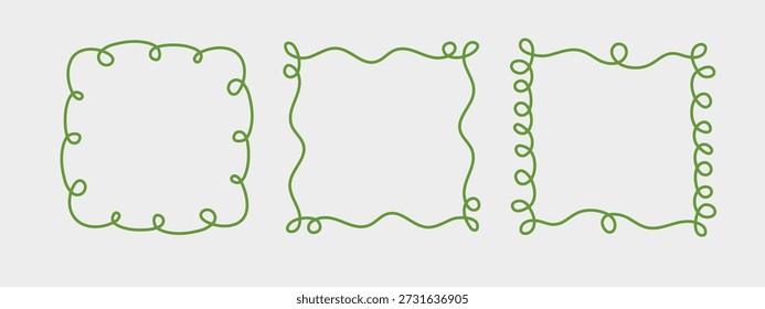 Quadratischer Doodle-Rahmen, handgezeichnete wellenförmige Lockeneingriffsmonogramme. Ränder und Kader einfache skizzenhafte Kritzelwerk wirbeln Design, editierbare einzeilige Dekoration altmodische Grußelemente. Bearbeitbarer Strich.