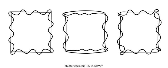 Quadratischer Doodle-Rahmen, handgezeichnete wellenförmige Lockeneingriffsmonogramme. Ränder und Kader einfache skizzenhafte Kritzelwerk wirbeln Design, editierbare einzeilige Dekoration altmodische Grußelemente. Einzeln. Vektorgrafik