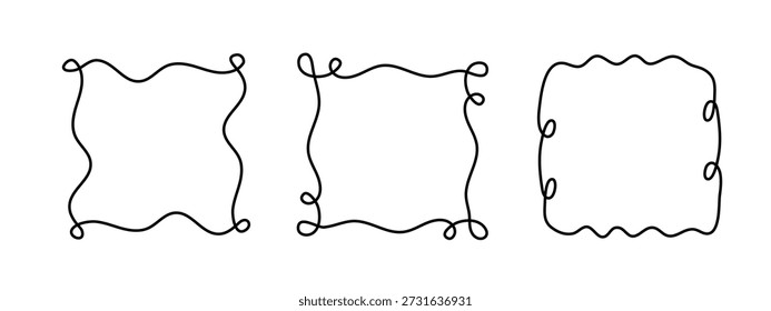 Quadratischer Doodle-Rahmen, handgezeichnete wellenförmige Lockeneingriffsmonogramme. Ränder und Kader einfache skizzenhafte Kritzelwerk wirbeln Design, editierbare einzeilige Dekoration altmodische Grußelemente. Bearbeitbarer Strich.