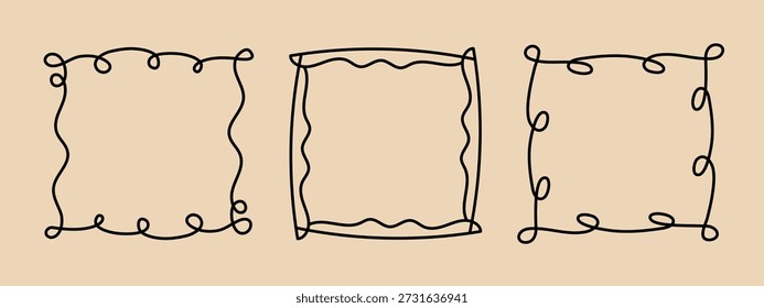 Quadratischer Doodle-Rahmen, handgezeichnete wellenförmige Lockeneingriffsmonogramme. Ränder und Kader einfache skizzenhafte Kritzelwerk wirbeln Design, editierbare einzeilige Dekoration altmodische Grußelemente. Bearbeitbarer Strich.