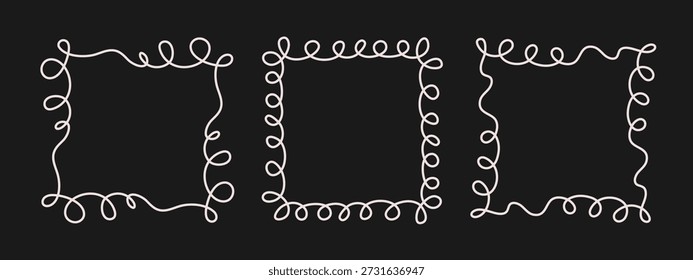 Quadratischer Doodle-Rahmen, handgezeichnete wellenförmige Lockeneingriffsmonogramme. Ränder und Kader einfache skizzenhafte Kritzelwerk wirbeln Design, editierbare einzeilige Dekoration altmodische Grußelemente. Bearbeitbarer Strich.