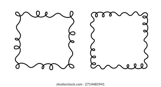 Sello cuadrado del marco del doodle, monogramas ondulados y rizados del compromiso dibujados a mano. Bordes y cuadros con Elementos de saludo a la antigua decoración de fotos de diseño de remolino de garabatos simples y esquemáticos. Aislado. Vector
