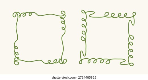 Quadratischer Doodle-Frame-Stempel, handgezeichnete, gewellte, lockige Eingriffs-Monogramme. Kanten und Kader mit einfachen skizzenhaften Kritzeleien wirbeln Design-Fotodekoration altmodische Grußelemente. Einzeln. Vektorgrafik