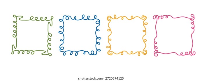 Quadratischer Doodle-Frame-Stempel, handgezeichnete, gewellte, lockige Eingriffs-Monogramme. Kanten und Kader mit einfachen skizzenhaften Kritzeleien wirbeln Design-Fotodekoration altmodische Grußelemente. Einzeln. Vektorgrafik