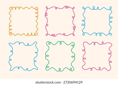 Quadratischer Doodle-Frame-Stempel, handgezeichnete, gewellte, lockige Eingriffs-Monogramme. Kanten und Kader mit einfachen skizzenhaften Kritzeleien wirbeln Design-Fotodekoration altmodische Grußelemente. Einzeln. Vektorgrafik