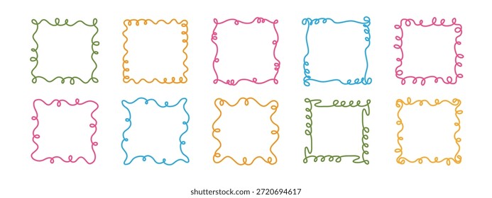 Quadratischer Doodle-Frame-Stempel, handgezeichnete, gewellte, lockige Eingriffs-Monogramme. Kanten und Kader mit einfachen skizzenhaften Kritzeleien wirbeln Design-Fotodekoration altmodische Grußelemente. Einzeln. Vektorgrafik