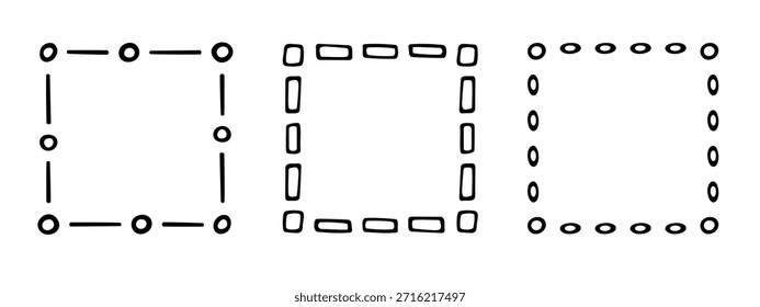 Quadratisches Doodle-Rahmen-Stempelset, handgezeichnete originale kreative Engagement-Monogramme. Edgings Kader mit grafischen Elementen, Design Foto Dekoration Grußkader. Einzeln. Vektorgrafik