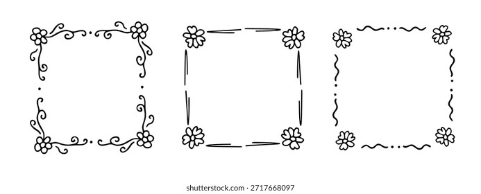 Quadratisches Doodle-Rahmen-Stempelset, handgezeichnete originale kreative Engagement-Monogramme. Edgings Kader mit grafischen Elementen, Design Foto Dekoration Grußkader. Einzeln. Vektorgrafik