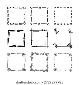 Square doodle frame stamp set, hand-drawn original creative engagement monograms. Edgings cadres with graphic elements, design photo decoration greeting cadres. Isolated. Vector illustration
