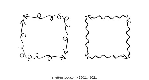 Quadratische Doodle-Rahmen, handgezeichnete Monogramme.Kanten und Kader mit einfachen skizzenhaften Designelementen.Einzeln. Vektorgrafik.