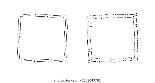 Quadratische Doodle-Rahmen, handgezeichnete Monogramme.Kanten und Kader mit einfachen skizzenhaften Designelementen.Einzeln. Vektorgrafik.