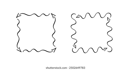 Quadratische Doodle-Rahmen, handgezeichnete Monogramme.Kanten und Kader mit einfachen skizzenhaften Designelementen.Einzeln. Vektorgrafik.