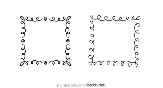 Quadratische Doodle-Rahmen, handgezeichnete Monogramme.Kanten und Kader mit einfachen skizzenhaften Designelementen.Einzeln. Vektorgrafik.