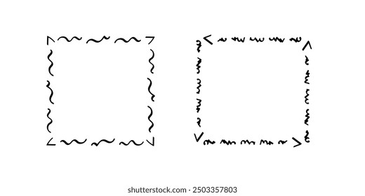 Quadratische Doodle-Rahmen, handgezeichnete Monogramme.Kanten und Kader mit einfachen skizzenhaften Designelementen.Einzeln. Vektorgrafik.