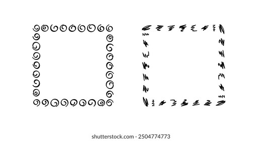 Quadratische Doodle-Rahmen, handgezeichnete Monogramme.Kanten und Kader mit einfachen skizzenhaften Designelementen.Einzeln. Vektorgrafik.