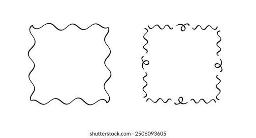 Quadratische Doodle-Rahmen, handgezeichnete Monogramme.Kanten und Kader mit einfachen skizzenhaften Designelementen.Einzeln. Vektorgrafik.