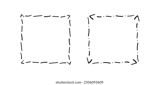 Quadratische Doodle-Rahmen, handgezeichnete Monogramme.Kanten und Kader mit einfachen skizzenhaften Designelementen.Einzeln. Vektorgrafik.