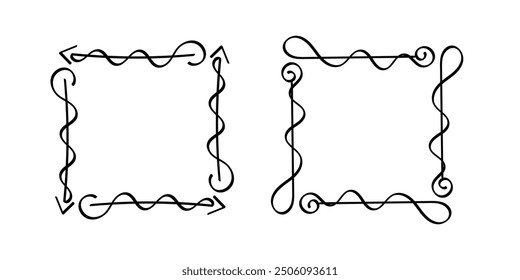 Quadratische Doodle-Rahmen, handgezeichnete Monogramme.Kanten und Kader mit einfachen skizzenhaften Designelementen.Einzeln. Vektorgrafik.