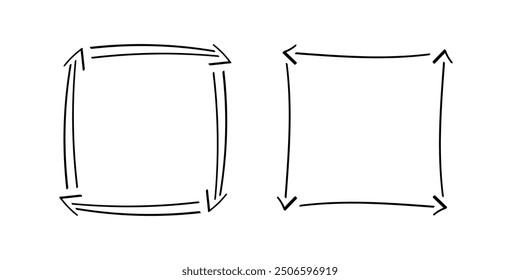 Quadratische Doodle-Rahmen, handgezeichnete Monogramme.Kanten und Kader mit einfachen skizzenhaften Designelementen.Einzeln. Vektorgrafik.