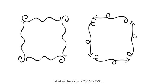 Quadratische Doodle-Rahmen, handgezeichnete Monogramme.Kanten und Kader mit einfachen skizzenhaften Designelementen.Einzeln. Vektorgrafik.