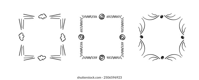 Quadratische Doodle-Rahmen, handgezeichnete Monogramme.Kanten und Kader mit einfachen skizzenhaften Designelementen.Einzeln. Vektorgrafik.