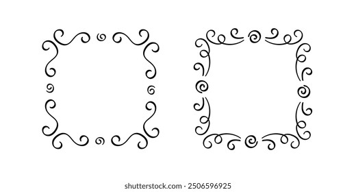 Quadratische Doodle-Rahmen, handgezeichnete Monogramme.Kanten und Kader mit einfachen skizzenhaften Designelementen.Einzeln. Vektorgrafik.