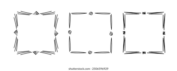 Square doodle frames ,hand-drawn monograms.Edgings and cadres with simple sketchy design elements.Isolated. Vector illustration.